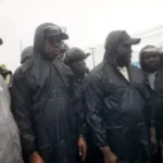 L-R: The Lagos State Commissioner of the Environment and WaterResources, Mr Tokunbo Wahab (middle) and the monitoring team during the inspection of demolished spots at Lagos-Badagry Expressway on Wednesday in Lagos.