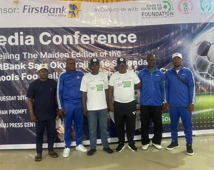 Organisers of the FirstBank Sam Okwaraji Nigeria Secondary Schools Football Championship, shortly after the tournament’s unveiling in Owerri, on Tuesday.