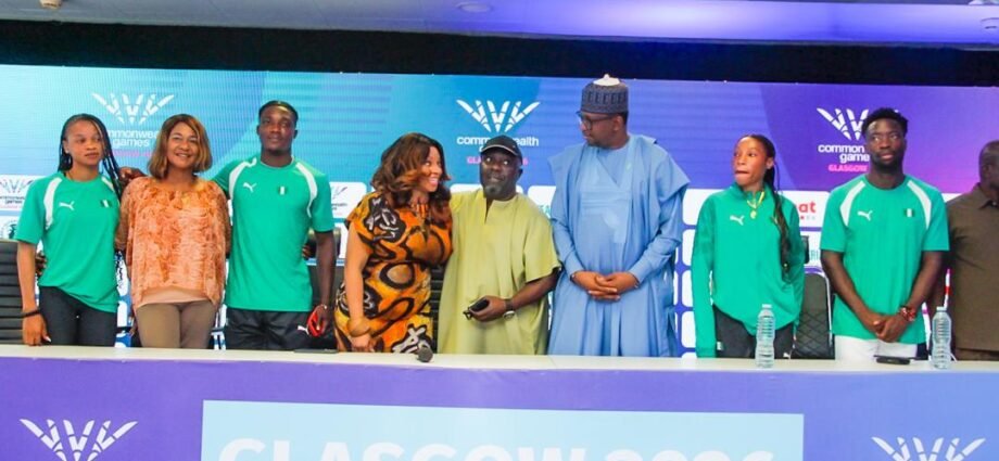Fourth from left. Chichi Nwoko. Chief Executive Officer of Top Tier Sports Management and representative of What Network; DG of National Sport Commission, Bukola Olapade and Chairman, National Sports Commission, Malam Shehu Dikko, with athletes, during the news conference