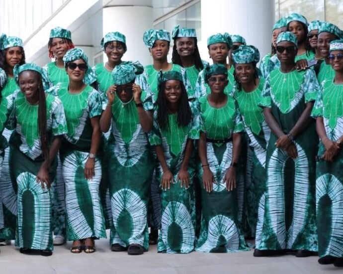 Super Falcons appearing in coordinated traditional attire for their official 2026 Women’s Africa Cup of Nations (WAFCON) photoshoot