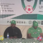 L-R: Mohammed Rabiu, Director, Facilities, NSC and representative of NSC Chairman, Shehu Dikko; Mohammed Saidu, representing NFF President; Suileman Kwande, Convener, Renewed Hope Unity Cup and Victor Iroele, former FCT SWAN Chairman, at the unveiling of the tournament in Abuja