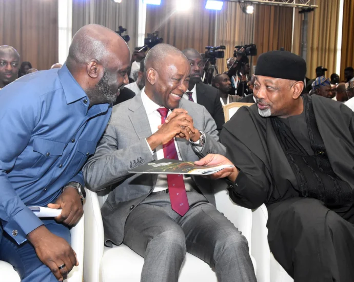 The Managing Director of the Bank of Industry (BOI), Dr Olaupo Olusi, Minister of State for Industry, Sen. John Enoh, and he Minister of Agriculture and Food Security, Sen. Abubakar Kyari att the Africa Cocoa Summit in Abuja, themed “From Bean to Brand” on Tuesday in Abuja.