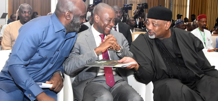 The Managing Director of the Bank of Industry (BOI), Dr Olaupo Olusi, Minister of State for Industry, Sen. John Enoh, and he Minister of Agriculture and Food Security, Sen. Abubakar Kyari att the Africa Cocoa Summit in Abuja, themed “From Bean to Brand” on Tuesday in Abuja.