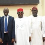From left: Kenyan Veteran Politician, Hon. Farah Maalim Mohamed; Chairman of Independent Corrupt Practices and Other Related Offences Commission (ICPC), Dr Musa Aliyu; Minister of Works, Sen. David Umahi; Chairman House Committee on Anti-Corruption and Financial Crimes, Prince Kayode Akiolu; and the Minister of State for Works, Bello Goronyo, during a strategic high-level program focused on the Role of Parliamentarians in the Fight Against Corruption and the Launch of the Joint Tracking Report Conducted with Ministry of Works at the ICPC headquarters in Abuja in Thursday