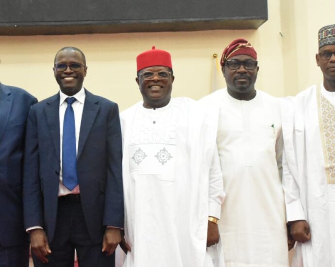 From left: Kenyan Veteran Politician, Hon. Farah Maalim Mohamed; Chairman of Independent Corrupt Practices and Other Related Offences Commission (ICPC), Dr Musa Aliyu; Minister of Works, Sen. David Umahi; Chairman House Committee on Anti-Corruption and Financial Crimes, Prince Kayode Akiolu; and the Minister of State for Works, Bello Goronyo, during a strategic high-level program focused on the Role of Parliamentarians in the Fight Against Corruption and the Launch of the Joint Tracking Report Conducted with Ministry of Works at the ICPC headquarters in Abuja in Thursday