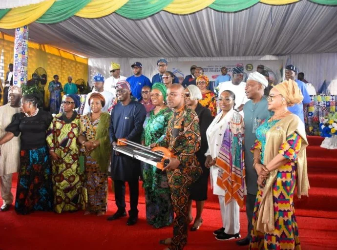 Governor Babajide Sanwo-Olu and some executive council members, at the MESI programme organised by the Ministry of Women Affairs and Poverty Alleviation (WAPA) on Tuesday at Ikeja