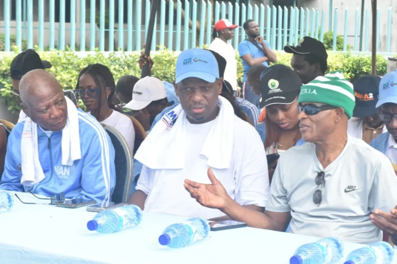 (L-R)Mr Mufutau Ojo, Editor-in-Chief, NAN; Managing Director of NAN, Mr Ali M. Ali and Mr Isaac Ighure, a former Editor-in-Chief of NAN, during the maiden Fitness Walk of NAN Lagos Office on Saturday, Aug. 8, 2026