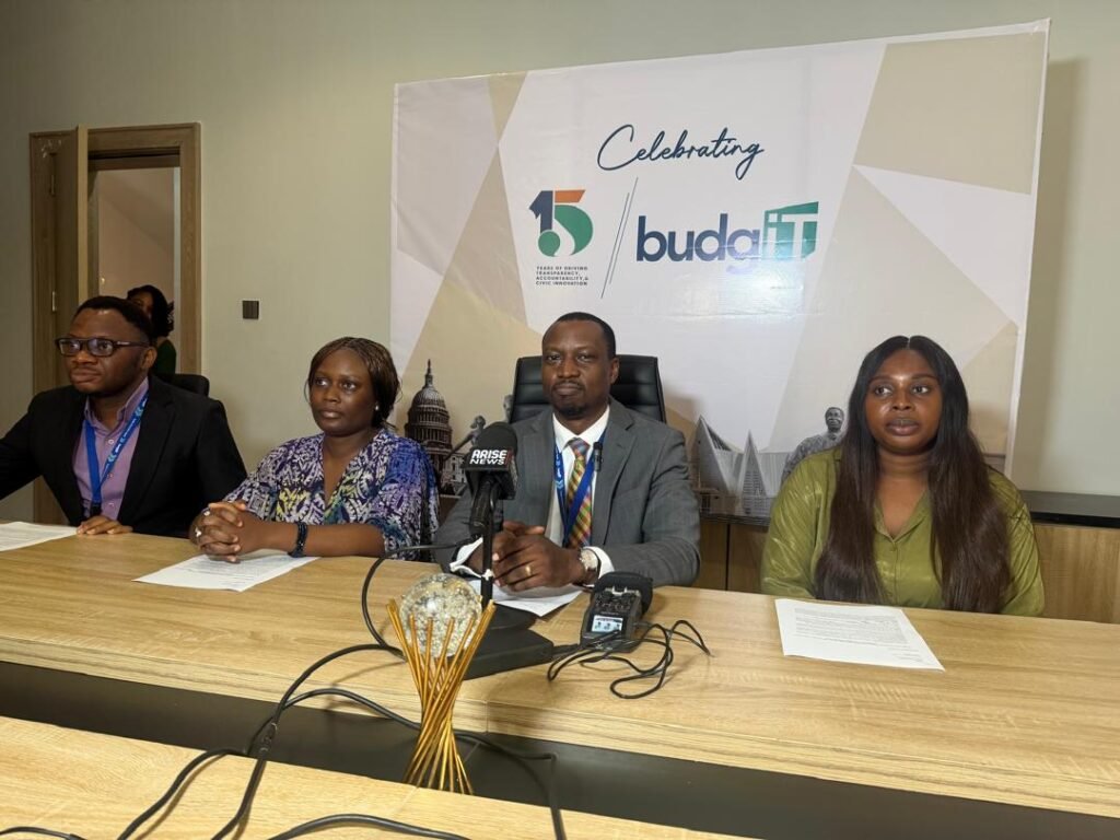 Officials of BudgIT Foundation, a civic-tech organisation and public finance think-tank a a news briefig to mark the organisation 15th anniversary on Monday in Abuja