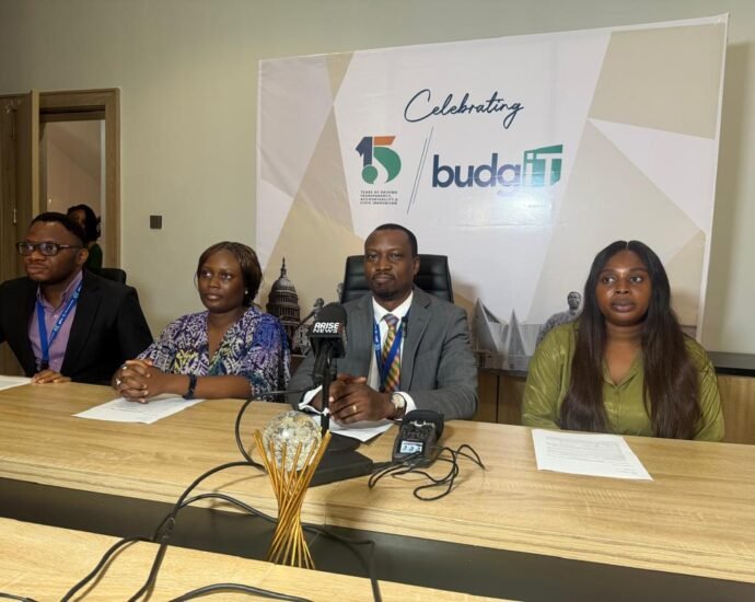 Officials of BudgIT Foundation, a civic-tech organisation and public finance think-tank a a news briefig to mark the organisation 15th anniversary on Monday in Abuja