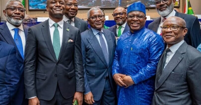 Aig-Imoukhuede, Dangote and others at the Opening Gong Ceremony and Fact Behind the Offer Presentation at the Nigerian Exchange (NGX)