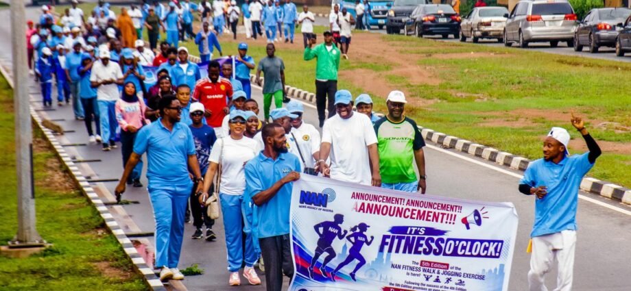 Participants at the fifth quarterly fitness walk of the News Agency of Nigeria in Abuja
