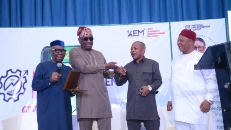 L-R: Mr Godwin Abumisi, National President, Nigeria Union of Pensioners (NUP); Mr Festus Keyamo, Minister of Aviation and Aerospace Development; Mr Joe Ajaero, President, Nigeria Labour Congress and Dr Maurice Mbaeri, Chairman, Organising Committee, 2026 Pre-Retirement Summit and retired Permanent Secretary, Office of the Secretary to the Government of the Federation (SGF), at the 2026 National Pre-Retirement Summit (NPS) in Abuja on Thursday