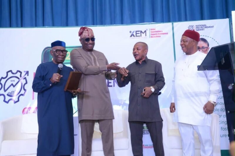 L-R: Mr Godwin Abumisi, National President, Nigeria Union of Pensioners (NUP); Mr Festus Keyamo, Minister of Aviation and Aerospace Development; Mr Joe Ajaero, President, Nigeria Labour Congress and Dr Maurice Mbaeri, Chairman, Organising Committee, 2026 Pre-Retirement Summit and retired Permanent Secretary, Office of the Secretary to the Government of the Federation (SGF), at the 2026 National Pre-Retirement Summit (NPS) in Abuja on Thursday