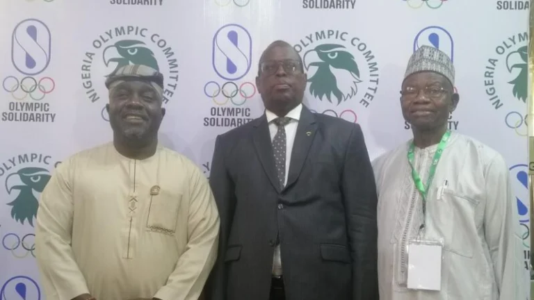 From left: Director-General of the National Sports Commission, Bukola Olapade; President of Commonwealth Sport, Donald Rukare and President of Nigeria Olympic Committee, Habu Gumel, at the opening of a two-day seminar on good governance, organised by the NOC in Abuja
