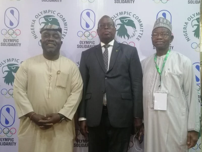 From left: Director-General of the National Sports Commission, Bukola Olapade; President of Commonwealth Sport, Donald Rukare and President of Nigeria Olympic Committee, Habu Gumel, at the opening of a two-day seminar on good governance, organised by the NOC in Abuja