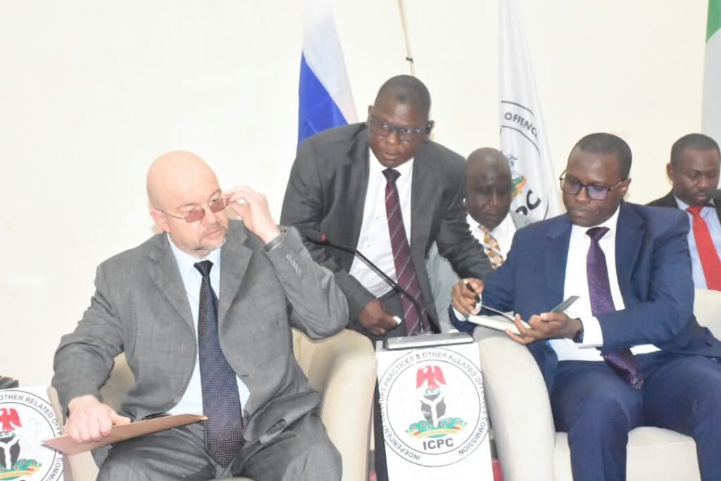 The Chargé d’Affaires of the Russian Embassy in Nigeria, Mr Igor Ivannikov, and ICPC Chairman, Dr Musa Aliyu at the 4th Anti-Corruption Academy of Nigeria (ACAN) International Diplomatic Dialogue themed, “Development of Anti-Corruption Strategies and Policies: The Russian National Experience.” On Tuesday in Abuja