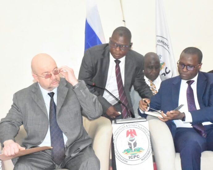 The Chargé d’Affaires of the Russian Embassy in Nigeria, Mr Igor Ivannikov, and ICPC Chairman, Dr Musa Aliyu at the 4th Anti-Corruption Academy of Nigeria (ACAN) International Diplomatic Dialogue themed, “Development of Anti-Corruption Strategies and Policies: The Russian National Experience.” On Tuesday in Abuja