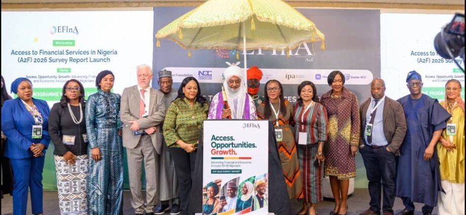 Emir of Kano, Muhammadu Sanusi II (middle), with Arunma Oteh, with other participants at the launch of EFInA 9th Access to Financial Services in Nigeria survey in Abuja.