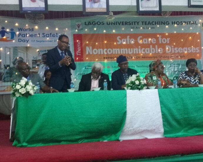 Dr Akinsanya Olusegun-Joseph, a cardiologist, speaking at the 2026 World Patient Safety Day organised by Lagos University Teaching Hospital (LUTH)