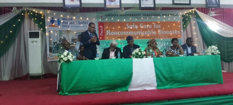 Dr Akinsanya Olusegun-Joseph, a cardiologist, speaking at the 2026 World Patient Safety Day organised by Lagos University Teaching Hospital (LUTH)