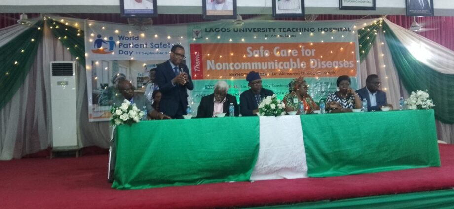 Dr Akinsanya Olusegun-Joseph, a cardiologist, speaking at the 2026 World Patient Safety Day organised by Lagos University Teaching Hospital (LUTH)