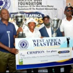 L-R: Akabom Enebong, the Chairman of the FCT Golf Association and Organiser of the tournament, Tina Micah, the winner of the Ladies' category, David Gabriel, the overall winner of the second edition of the West Africa Masters (The Rowland Adewumi Cup) held at the TYB International Golf Resort and Country Club, Abuja.(PhotoCredit:NAN)