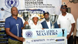 L-R: Akabom Enebong, the Chairman of the FCT Golf Association and Organiser of the tournament, Tina Micah, the winner of the Ladies' category, David Gabriel, the overall winner of the second edition of the West Africa Masters (The Rowland Adewumi Cup) held at the TYB International Golf Resort and Country Club, Abuja.(PhotoCredit:NAN)
