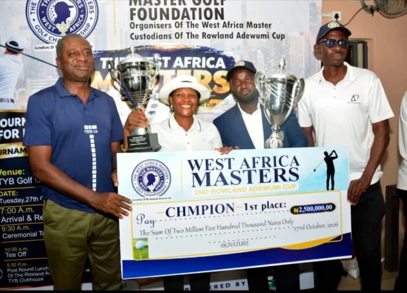 L-R: Akabom Enebong, the Chairman of the FCT Golf Association and Organiser of the tournament, Tina Micah, the winner of the Ladies' category, David Gabriel, the overall winner of the second edition of the West Africa Masters (The Rowland Adewumi Cup) held at the TYB International Golf Resort and Country Club, Abuja.(PhotoCredit:NAN)