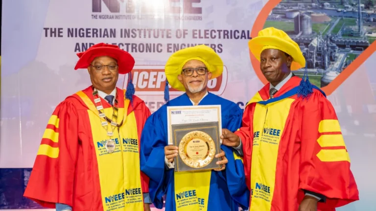 Mr Felix Adegboye, President, NIEEE (1st left) & Bayo Olusodo, Vice President, Embedded and Emerging Technologies, NIEEE (3rd left), during the ICEPT 2026 and conferment of Fellow on Chairman, Oilserv Group, Dr Emeka Okwuosa, in Port-Harcourt