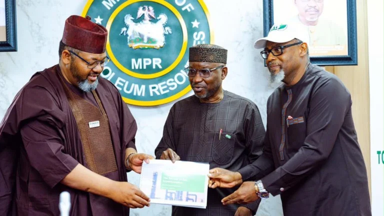 L-R: Executive Chairman/CEO of the Presidential Initiative on Compressed Natural Gas and Electric Vehicles (Pi-CNG & EV), Ismaeel Ahmed; Minister of State Petroleum Resources (Gas), Rt. Hon. Ekperikpe Ekpo; and Coordinator of the Decade of Gas Secretariat, Ed Ubong, during the presentation of progress reports on the CNG programme to the Minister by Pi-CNG & EV and the Decade of Gas Secretariat at the Ministry of Petroleum Resources, NNPC Towers, Abuja, on Friday.