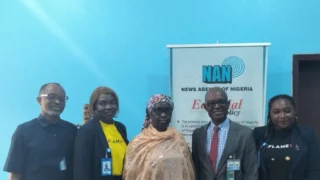 L-R: Emmanuel Afonne, Assistant Editor-in-Chief, NAN; Abigail Ekiofenue, Corporate Communications Executive, CBN Africa; Hajia Hadiza Aliyu, Editor-in-Chief, NAN; Mr Austin Ekanem, Director of Programmes, Flame TV AND Production Manager, CBN, and Anne Onuoha, Editor, Flame TV